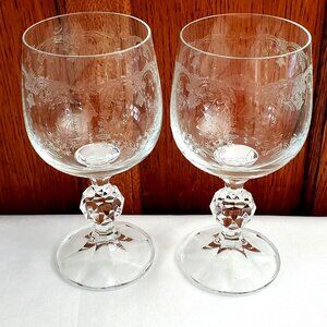 2) Cascade Etched Wine Goblet Fine Lead Crystal Import Assoc 6" Czechoslovakia